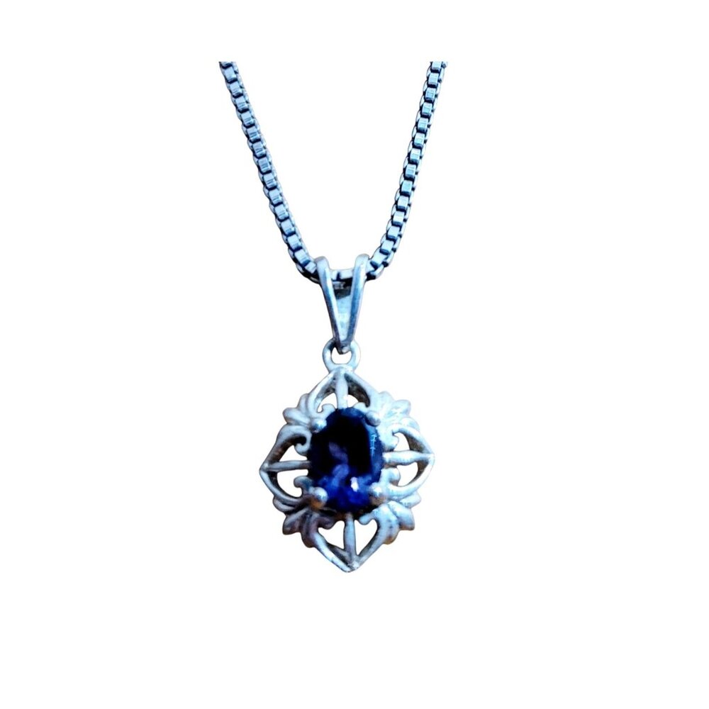 Vintage Blue Sapphire Pendant Necklace Fleur-de-lis 925 Sterling Silver 19"